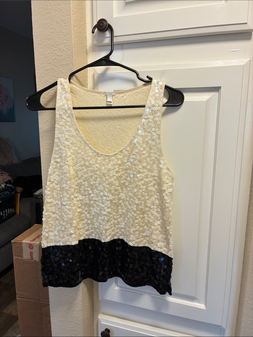 J. Crew Ivory and Black Sequin Scoop neck Tank top